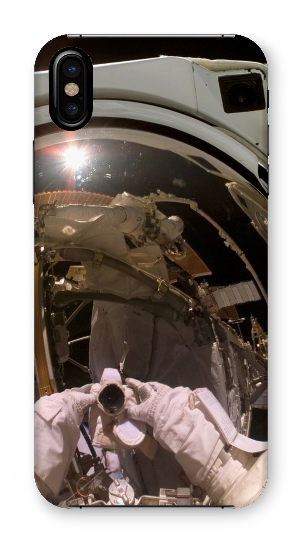 Astronauta Selfie en la caja del teléfono de la órbita