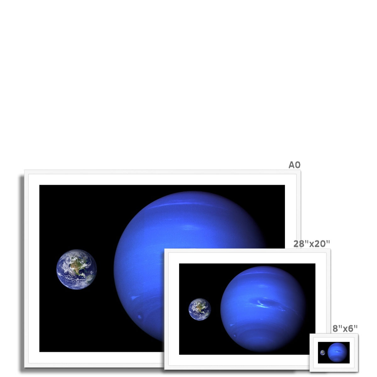 Neptune, Earth size comparison Framed & Mounted Print